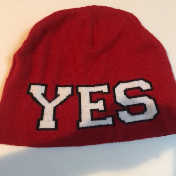 Express red & blue winter knit hat “YES or NO” reversible - Picture 1 of 7